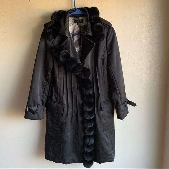 Grinvest Milano Italy Collection Black Trench with Fur Trim Size XL - Picture 2 of 9